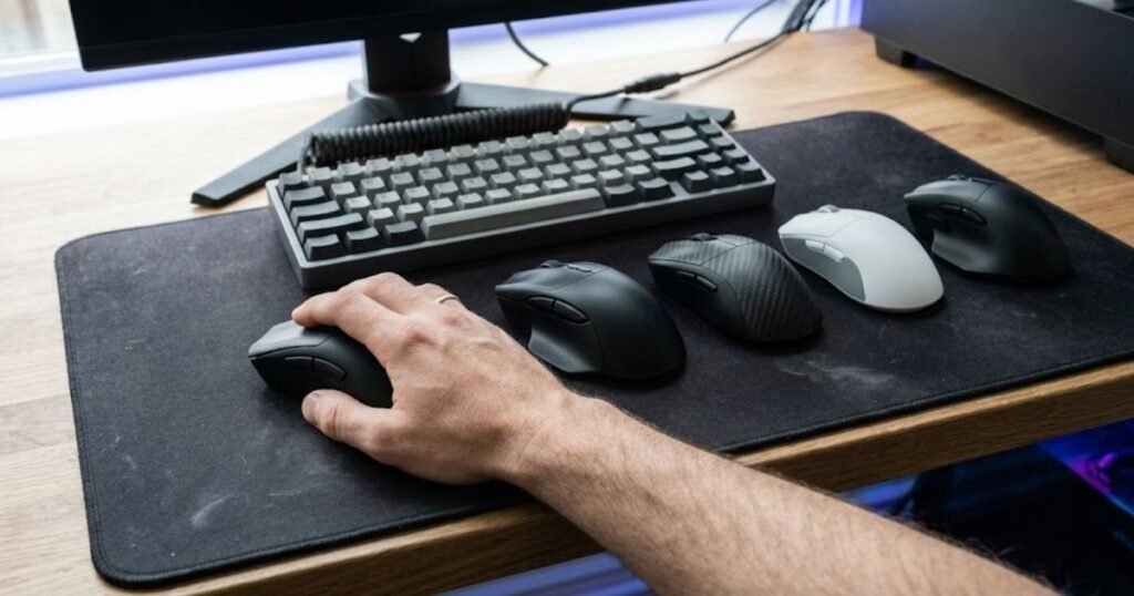 A gaming desk with several gaming mice as a player naturally reaches toward one of them.