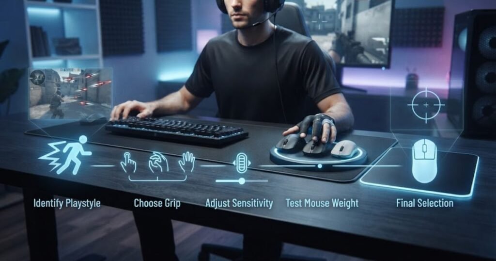 An FPS player comparing gaming mice while following a decision-making process to choose the most suitable mouse weight.