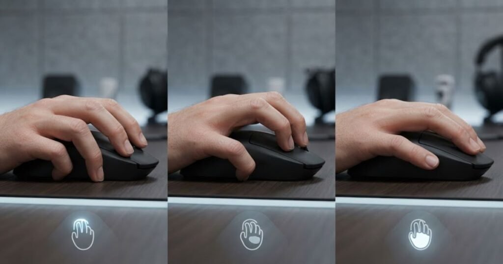 Three different hand grip styles holding gaming mice including fingertip grip, claw grip, and palm grip.