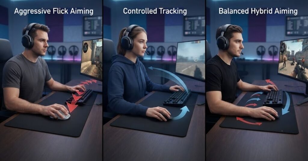 Three FPS players demonstrating different aiming styles while using gaming mice on large mouse pads.