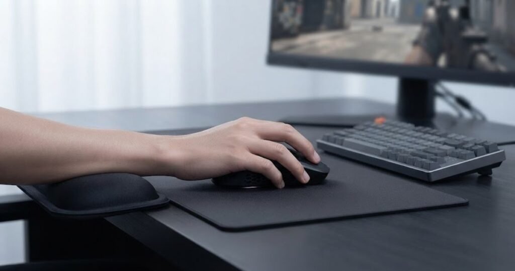 An ergonomic FPS gaming setup with proper forearm support and a gaming mouse positioned for comfortable long gaming sessions.