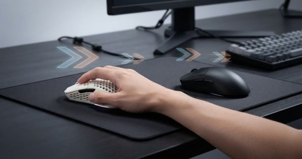 A comparison showing a lightweight gaming mouse and a heavier gaming mouse requiring different amounts of force during movement.