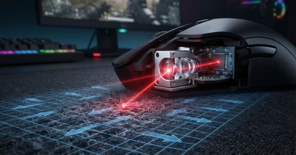 Optical gaming mouse sensor scanning the surface of a mousepad to detect movement.