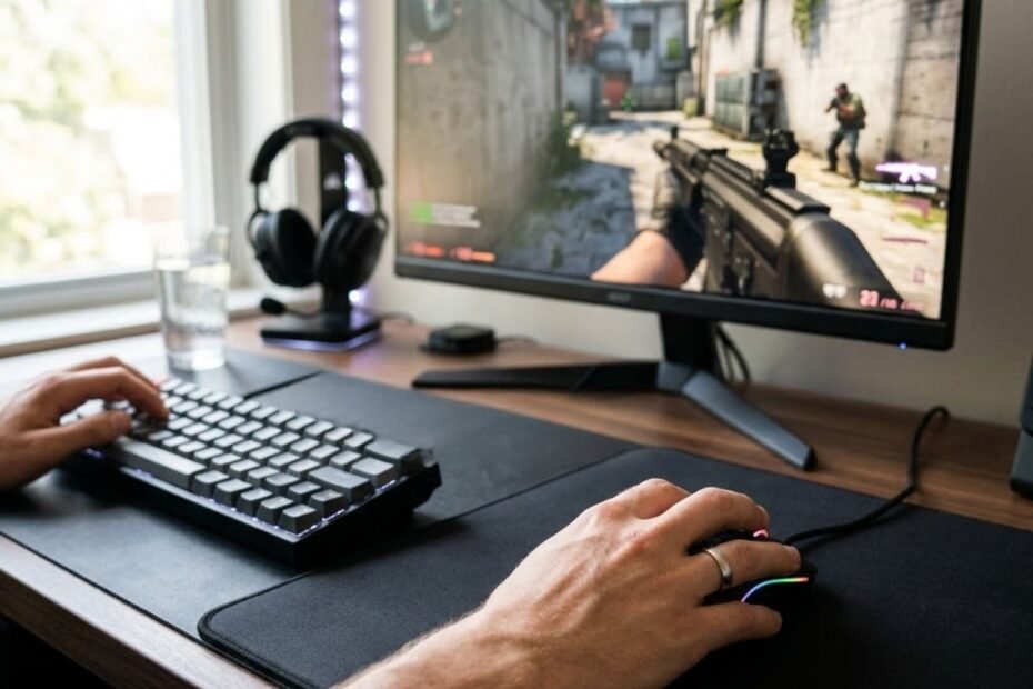 A relaxed right hand naturally resting on a gaming mouse at a modern FPS gaming desk with a keyboard and monitor.