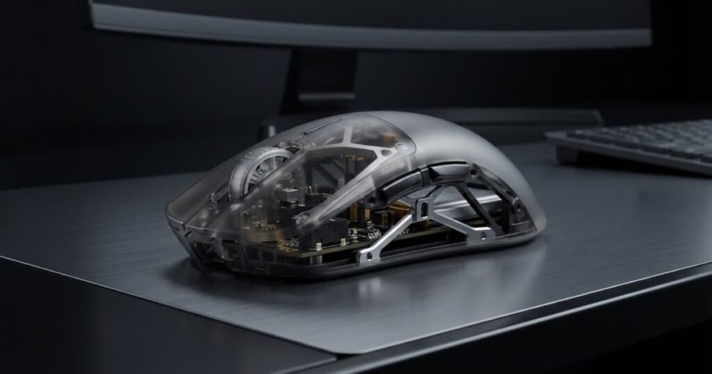 A transparent ultralight gaming mouse displaying its internal frame, battery, circuit board, and structural components.