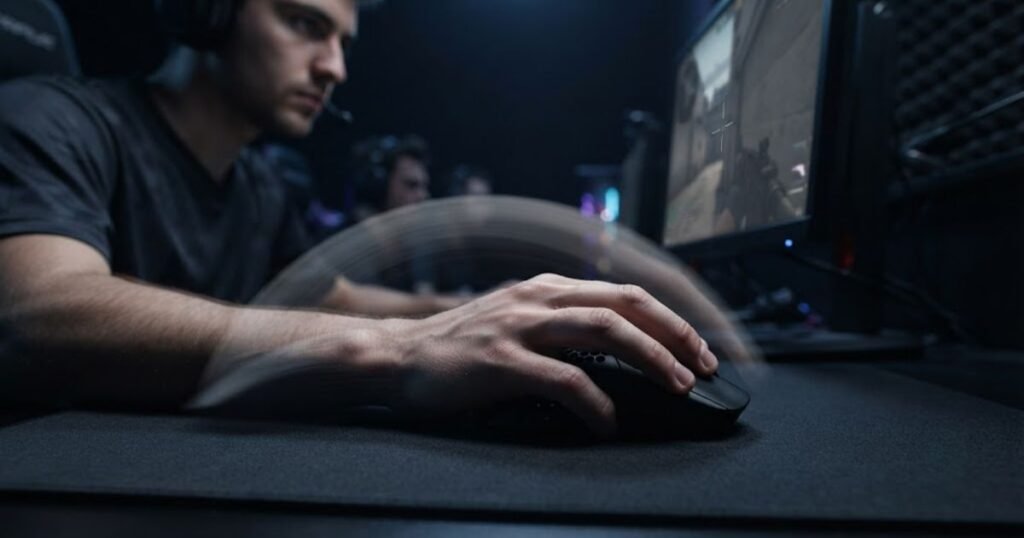 An FPS player performing a fast flick shot using a lightweight wireless gaming mouse.