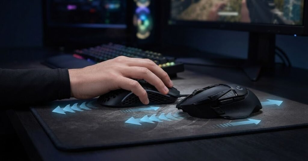 A lightweight gaming mouse and a heavier gaming mouse demonstrating different movement characteristics.