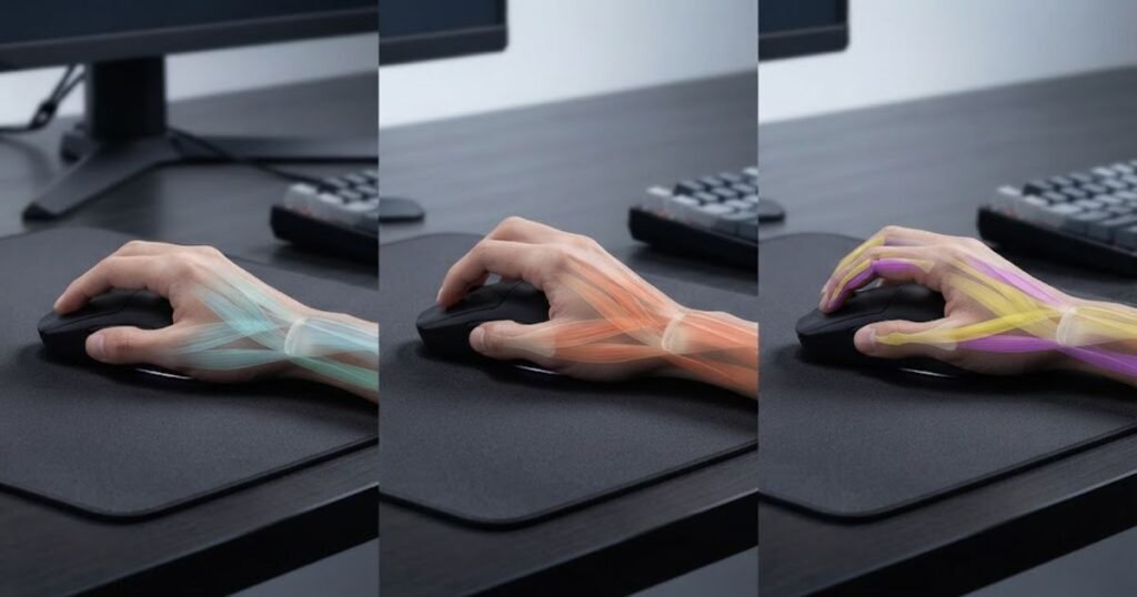 Three different gaming mouse grip styles demonstrating how each grip uses different hand and forearm muscles.