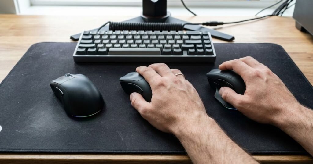 A comparison of three different gaming mouse sizes with the same hand resting naturally on each one.
