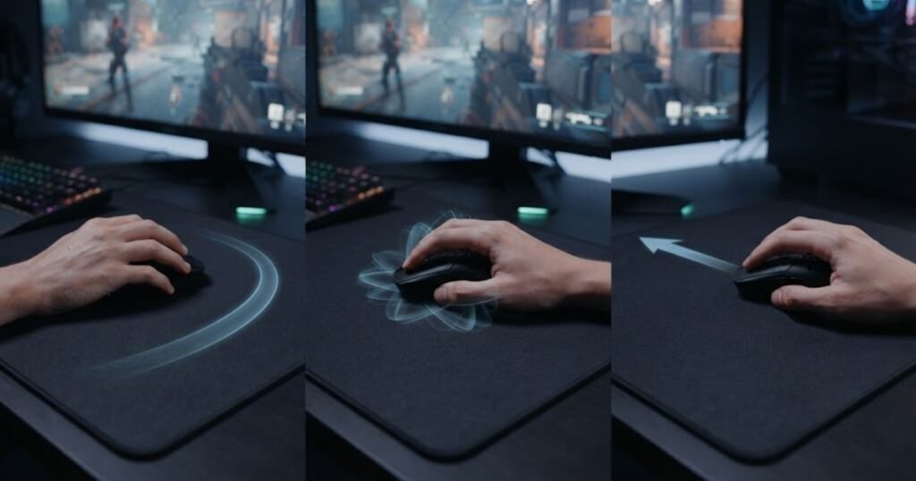 A gaming mouse demonstrating continuous tracking, micro adjustments, and flick shot movements.