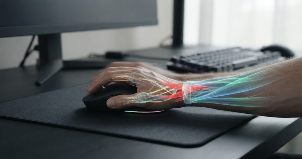 A player's hand moving a gaming mouse with highlighted forearm and finger muscles during repeated FPS gaming movements.