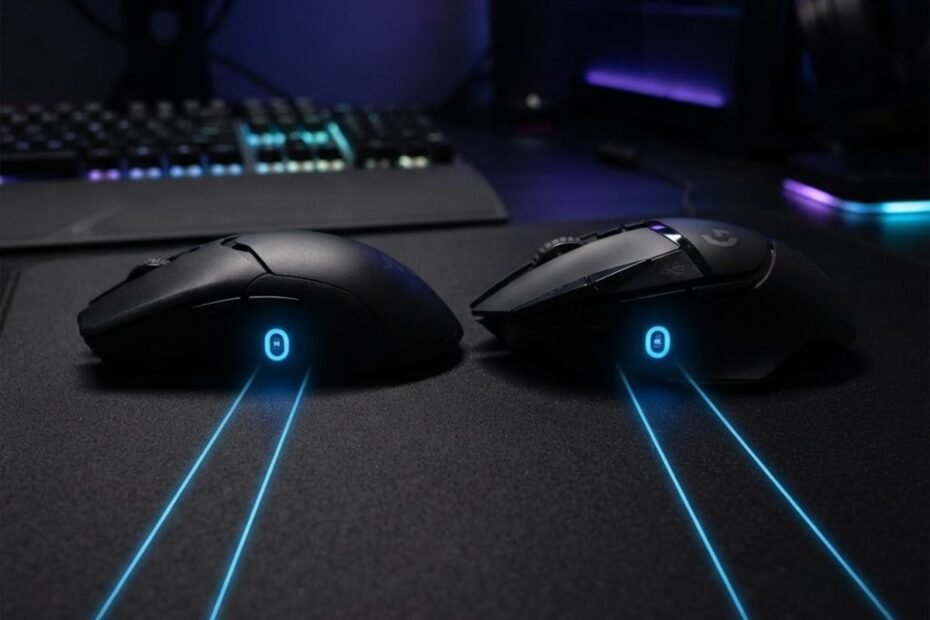 Two gaming mice with different weights displaying identical optical sensor tracking on a gaming mousepad.