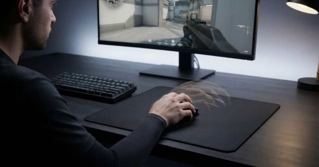 A gamer moving an ultralight gaming mouse across a large mouse pad while aiming in a first-person shooter game.