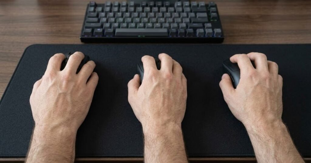 Three different hands naturally resting on three gaming mice with varying levels of palm contact.