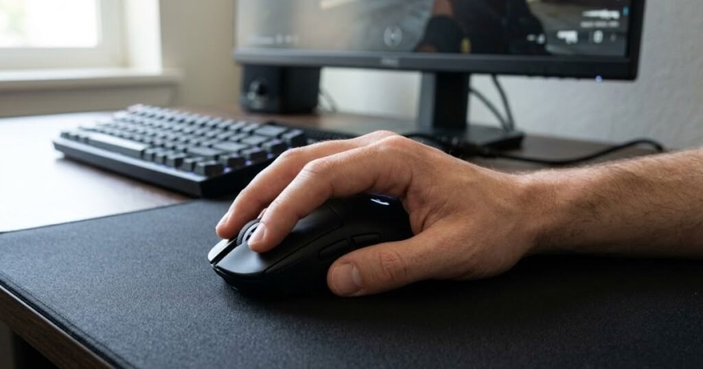A close-up view of a relaxed right hand naturally resting on a gaming mouse on a gaming desk.