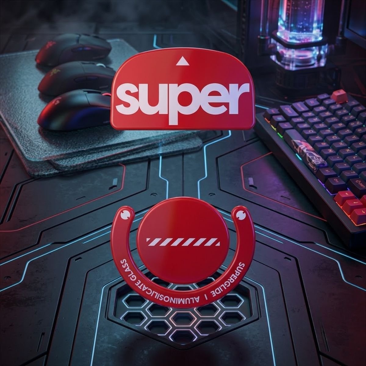 A package of red Pulsar Superglide 2 glass mouse skates for the Logitech G Pro X Superlight, showing the pre-cut replacement skates.
