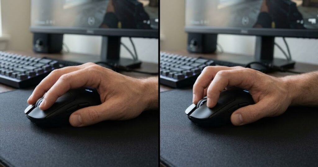 Two hands holding identical gaming mice, one relaxed and one gripping the mouse with visible tension.