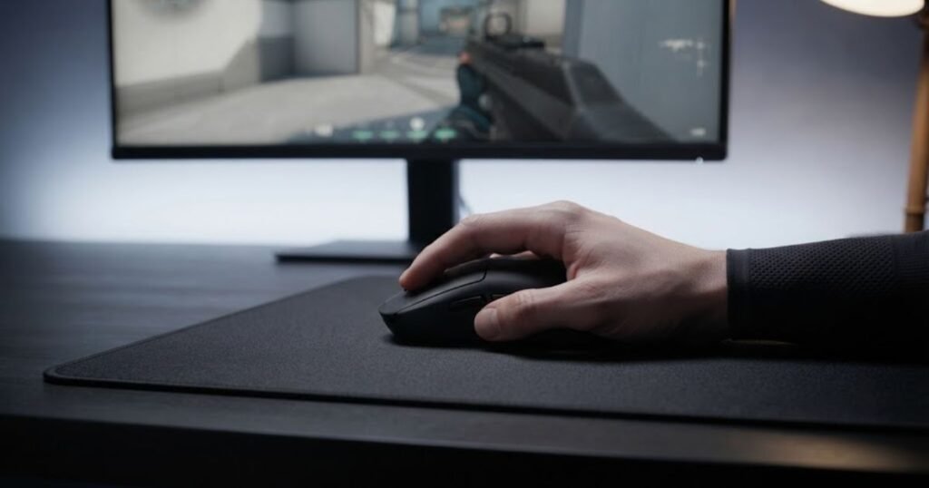A hand slowing and stopping an ultralight gaming mouse on a premium cloth gaming mouse pad.