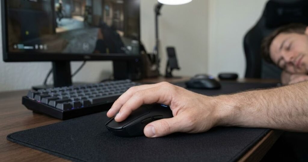 A gamer naturally placing a hand on a gaming mouse while performing a grip self-test.