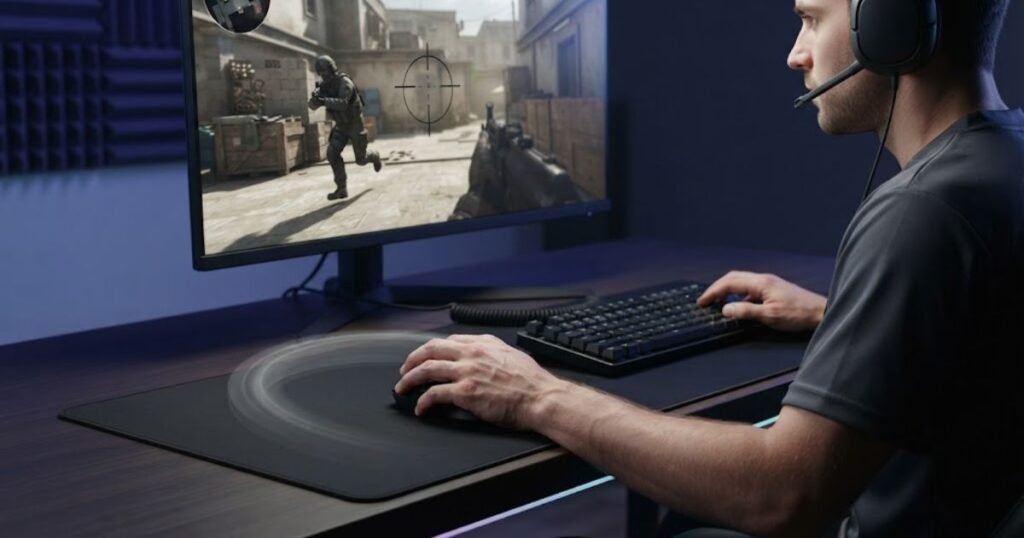 An FPS player smoothly tracking a moving target with a medium-weight gaming mouse.