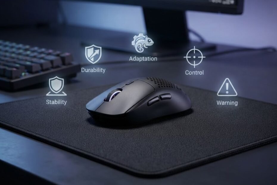An ultralight wireless gaming mouse resting on a black gaming mouse pad with visual symbols representing stability, durability, adaptation, and overall gaming performance considerations.