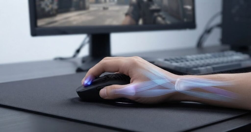 A player gripping an ultralight gaming mouse with highlighted finger muscles during FPS gameplay.