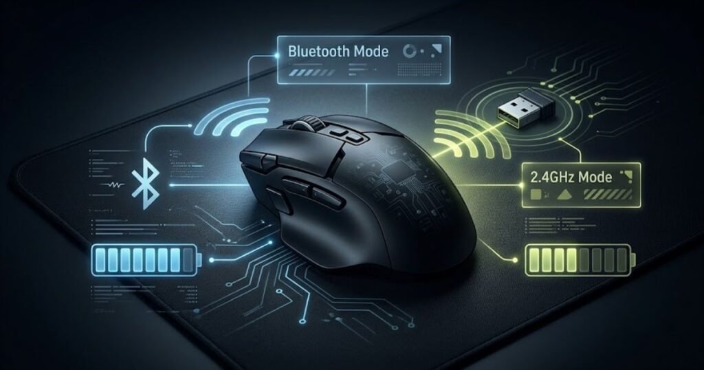 A wireless gaming mouse connected through Bluetooth and a 2.4GHz USB receiver, with battery indicators representing different runtime conditions.