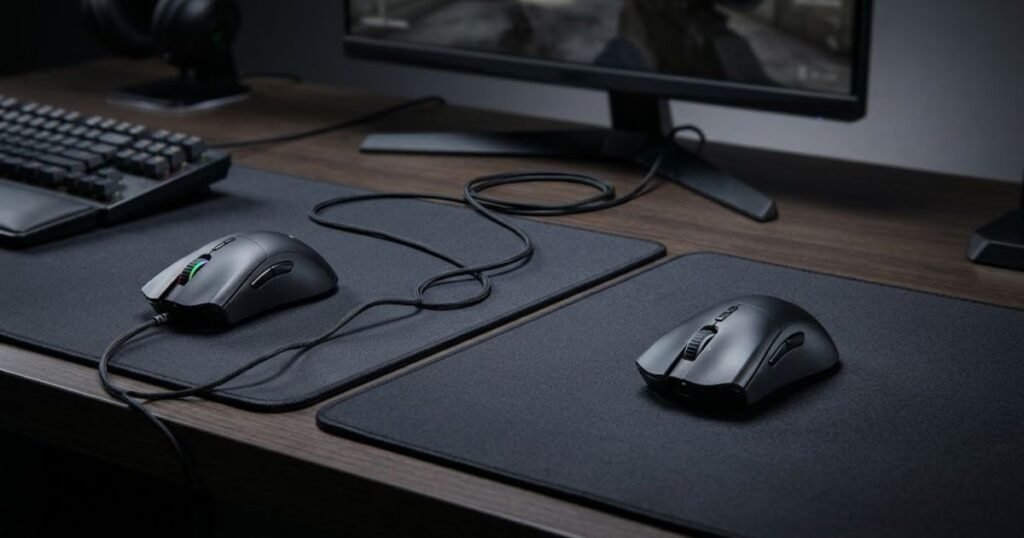 Wired gaming mouse with a cable crossing the desk beside a wireless gaming mouse moving without a cable