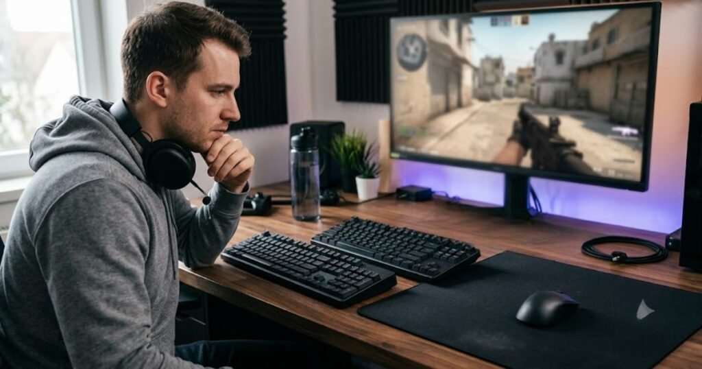 FPS player comparing two keyboards beside a gaming mouse and mousepad