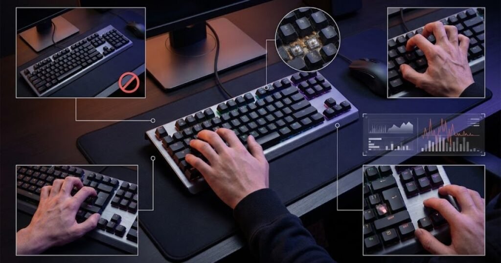Gaming keyboard surrounded by visual examples of layout, settings, keybind, comfort, and maintenance problems