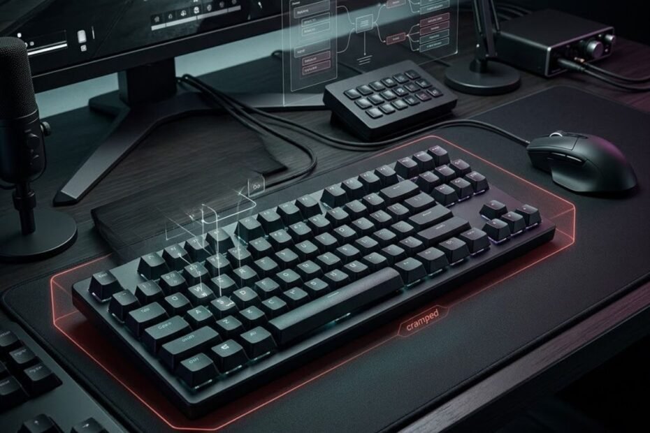 Gaming keyboard on an FPS desk setup with cramped space and confusing key placement