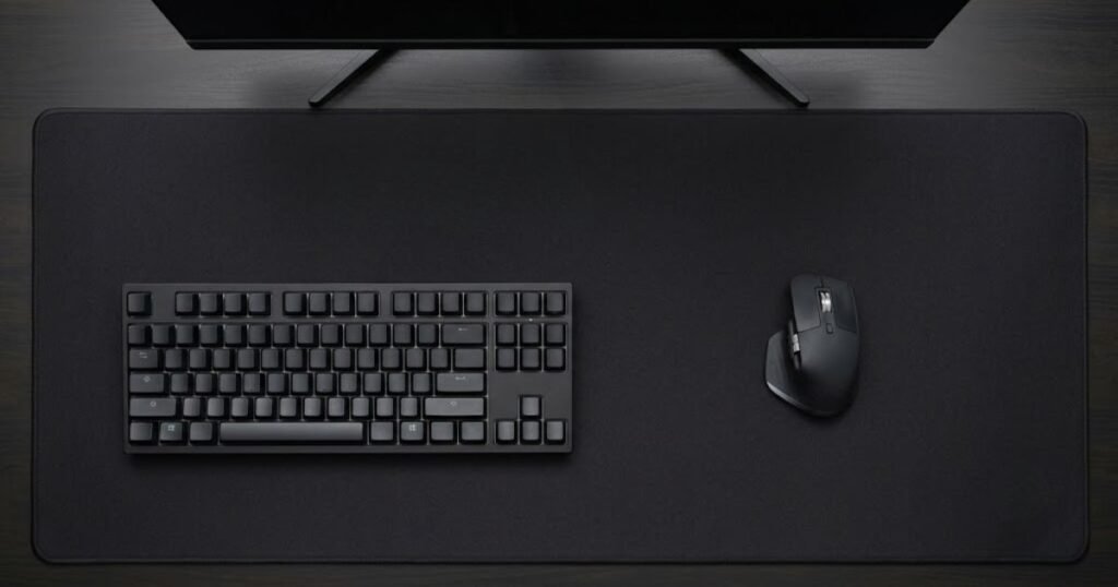 Compact gaming keyboard positioned beside a mouse with open desk space