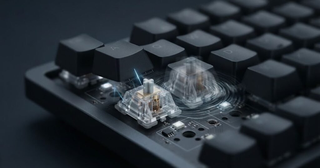 Close-up of mechanical gaming keyboard keys and switches representing advanced FPS input features