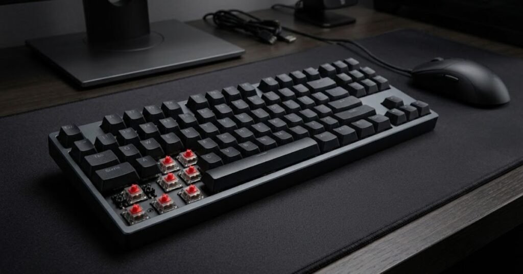 A modern gaming keyboard with visible switch components beneath several keycaps beside a gaming mouse and mousepad.
