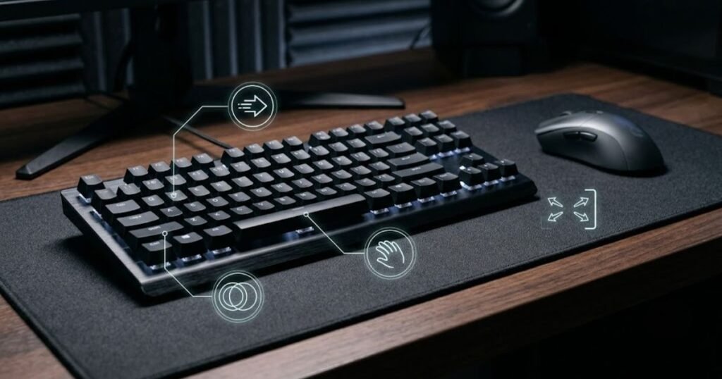 A gaming keyboard and mouse showing the main physical features that matter for FPS beginners