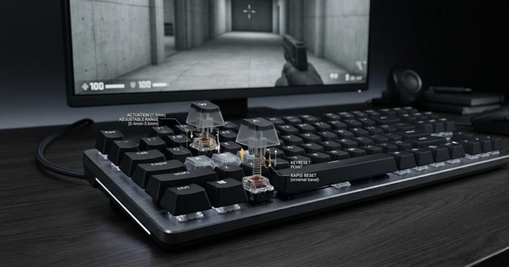 Close-up of a gaming keyboard with visible mechanical switches and a generic FPS game on a monitor