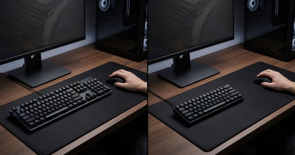 Full-size and compact gaming keyboards compared by the amount of mouse space available on an FPS desk