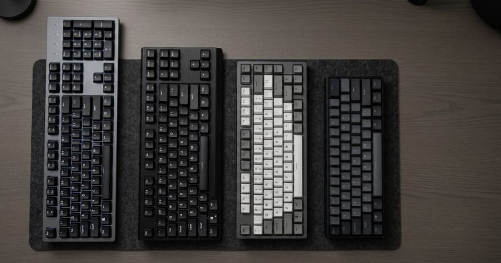 Four gaming keyboards showing full-size, TKL, 75 percent, and 60 percent layouts from largest to smallest