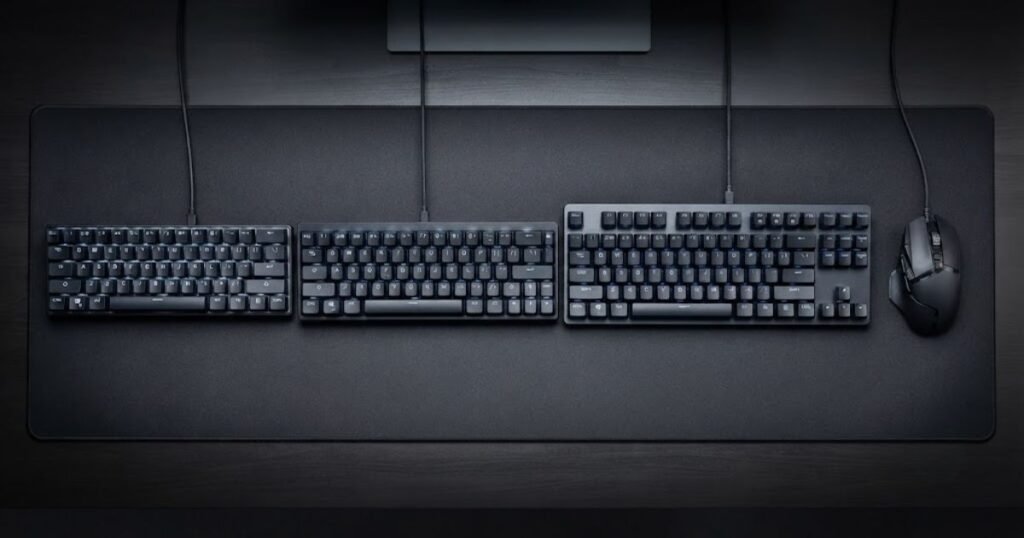 60 percent, 65 percent, and TKL gaming keyboards arranged beside a mouse