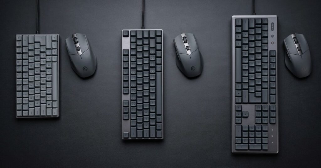 Compact 60 percent, TKL, and full-size gaming keyboards shown beside a gaming mouse