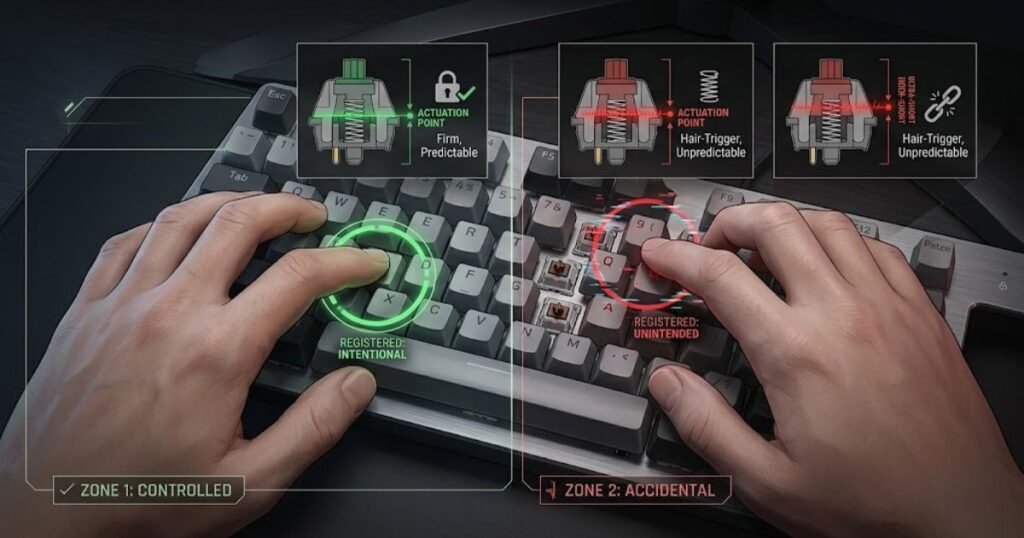 Gamer using a mechanical keyboard with visual indicators showing intentional and accidental key inputs