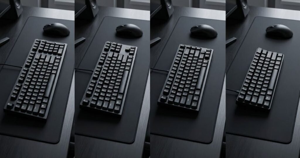 Full-size, tenkeyless, 75%, and 60% gaming keyboards shown with gaming mice to compare desk space and keyboard footprints.