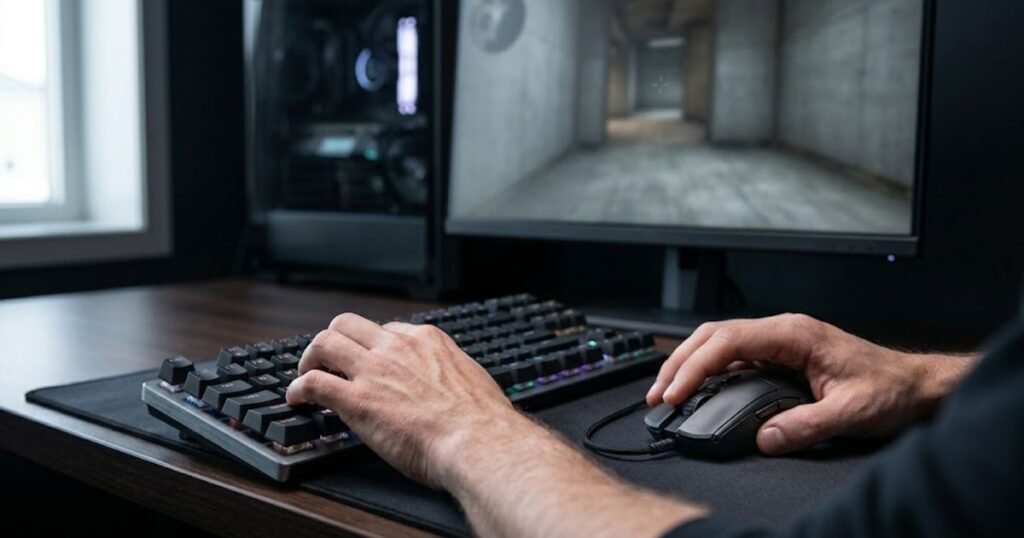 Player using a high-performance gaming keyboard and mouse while playing a generic FPS game