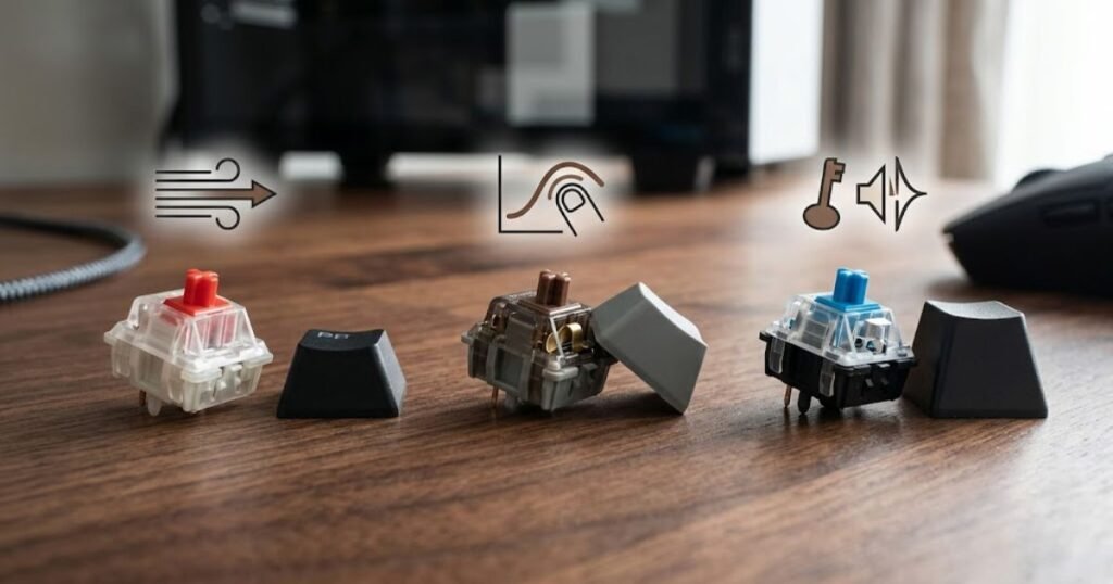 Mechanical keyboard switches and keycaps illustrating differences in keystroke feel and feedback
