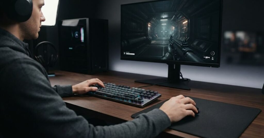 A player uses the left hand on the keyboard's WASD keys and the right hand on a gaming mouse while playing a first person shooter.