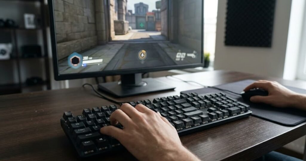 Hands using a gaming keyboard while playing a first-person shooter on a PC