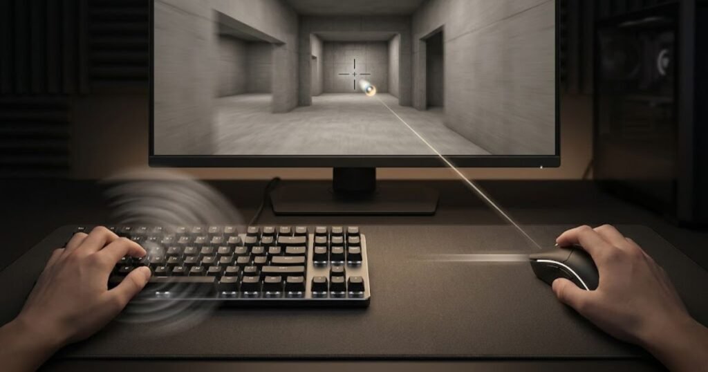 Gaming keyboard and mouse beside a monitor showing a generic FPS training scene