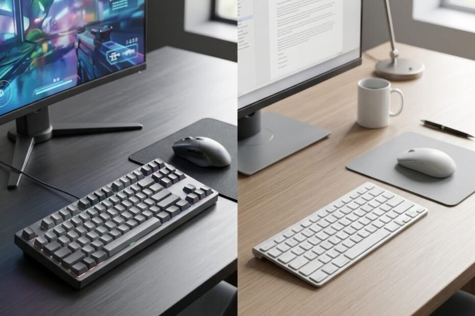 Gaming keyboard and office keyboard shown side by side in gaming and office setups
