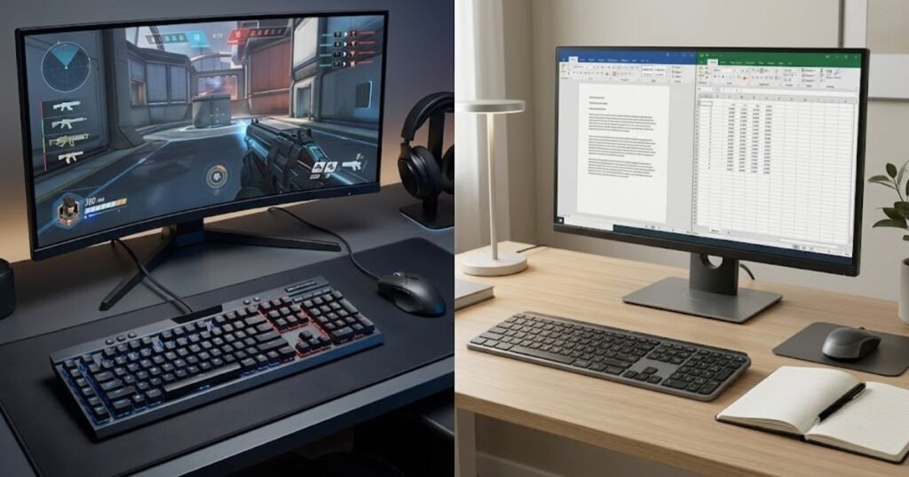 Gaming keyboard and office keyboard shown in different gaming and work environments