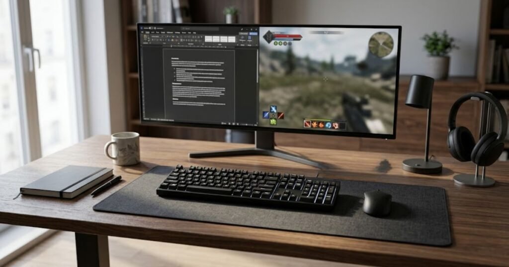 Keyboard between office accessories and gaming equipment on a mixed-use computer desk